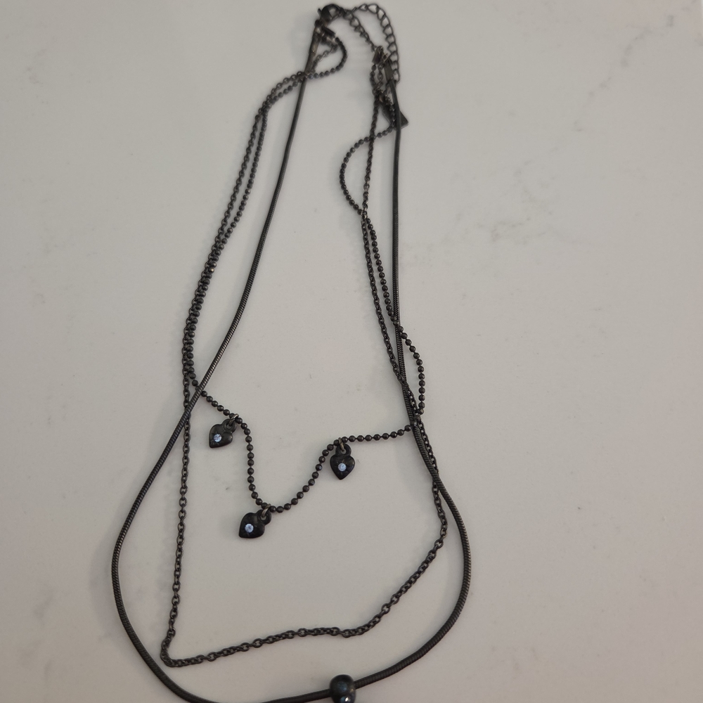 Layered Chain Necklace With Heart Charms And Light Blue Stones